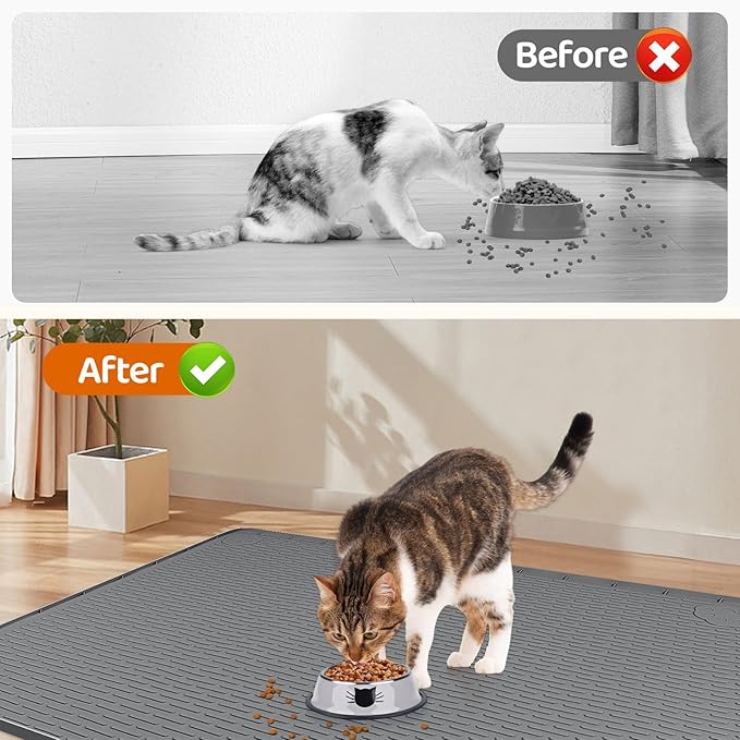 Bartuke Cat Food Mat, 34" x 22" Large Silicone Pet Feeding Mat for Food and Water Bowls Non-Slip, Easy to Clean (Dark Grey)