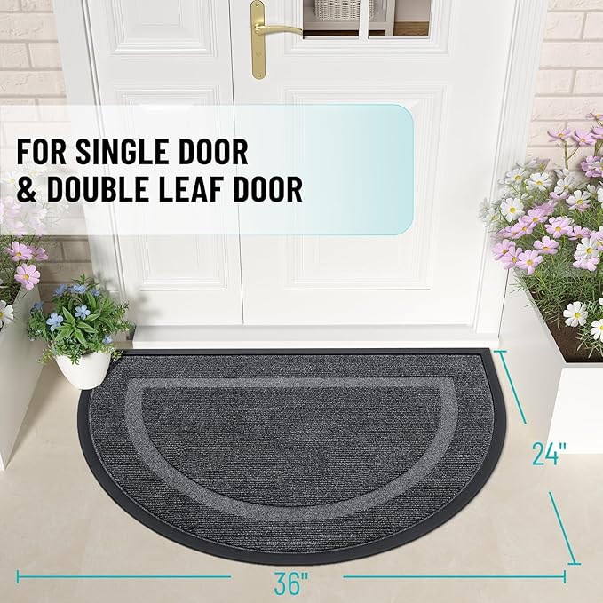 OLANLY Half Circle Door Mat Indoor Outdoor Entrance Welcome, Waterproof All-Season, All-Weather Doormat, Sturdy Natural Rubber, Low Profile, Easy Clean Patio Porch Entryway Mat, 35x23, Grey
