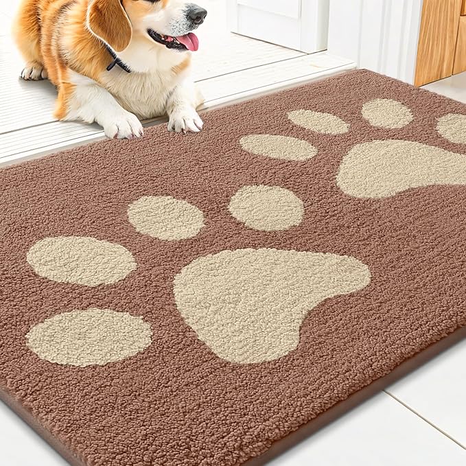Smiry Dog Door Mat for Muddy Paws, Absorbs Moisture and Dirt, Low-Profile Entryway Mat with Non-Slip Backing, Entry Indoor Outdoor Doormat for Inside Floor (36x24 Inches, Camel, Paw)
