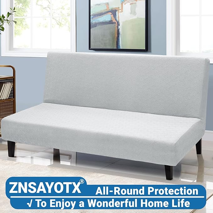 ZNSAYOTX Stretch Fit Futon Cover (67"-82") Armless Futon Sofa Bed Slipcover with Elastic Band, Universal Foldable Sofa Mattress Protector Full Queen Size, Washable Comfort Jacquard (Silver Grey)