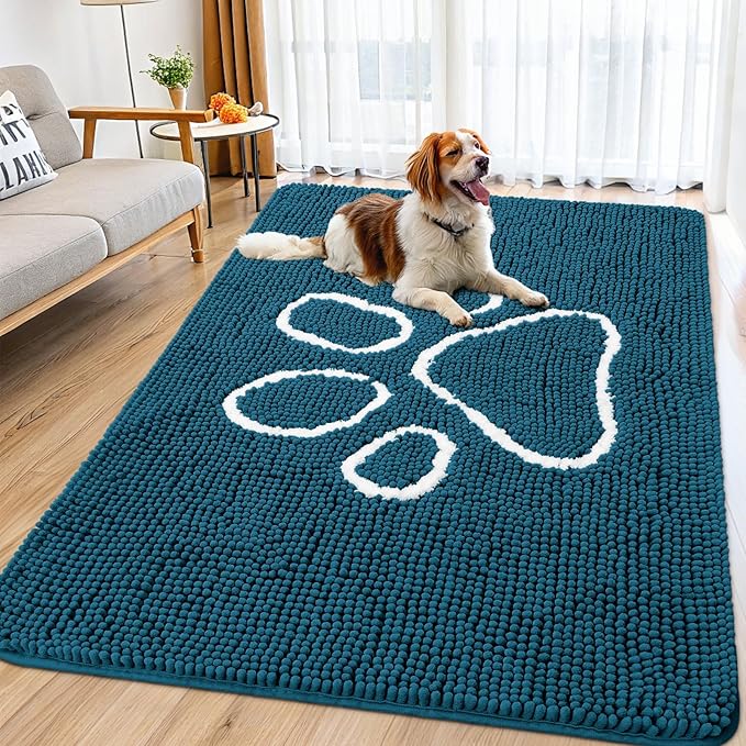 Smiry Dog Door Mat for Muddy Paws, Absorbent Dirt Trapper Non Slip Quick Dry Washable Chenille Mat for Mud Dogs, Entry Rug for Indoor and Outdoor (71x46 Inches, Atlantic Blue and White)