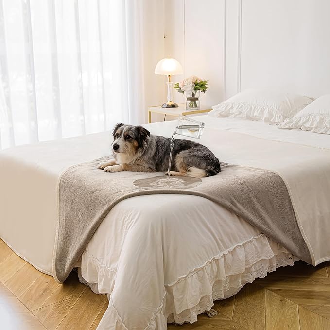 Tuffeel Waterproof Blanket for Bed, Leak Proof Dog Couch Blankets Reversible, Pet Throw Sofa Furniture Protector Machine Washable-82 x120,Beige+Khaki