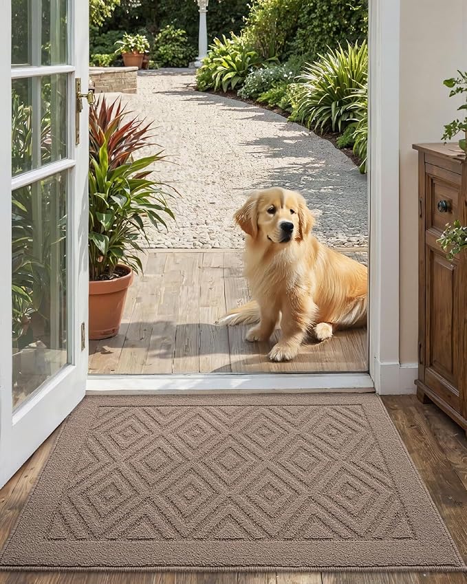 DEXI Front Door Mat for Entryway, 32x48 Washable Entry Rugs with Non Slip Backing, Low Profile Absorbent Welcome Floor Doormat for Inside Home, Entrance, Beige