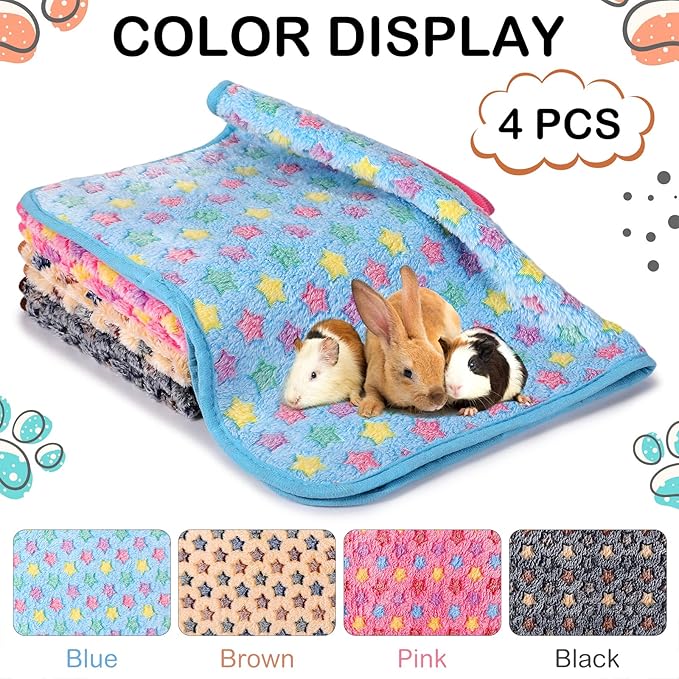Reginary 4 Pcs Waterproof Guinea Pig Blankets Washable Small Animal Fleece Bedding Guinea Pig Cage Liners Reusable Training Pads Pet Pee Pad Sleep Mat for Hamster(Star Pattern,12 x 12 Inch)