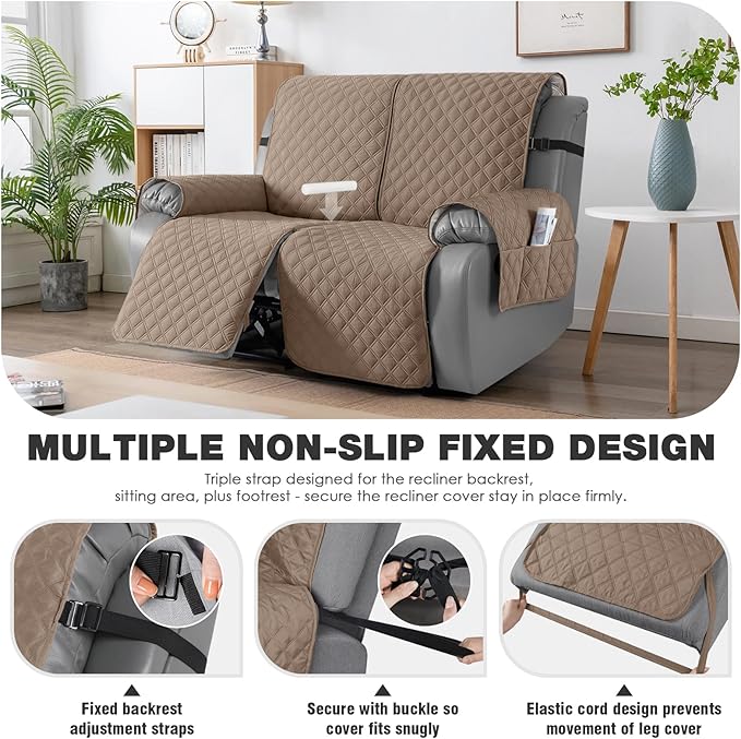TAOCOCO 100% Waterproof Recliner Couch Covers, Recliner Sofa Covers with Leg Straps, 1-Piece Washable Reclining Sofa Cover with Pocket Couch Protector for Pets Kids(2 Seater, Khaki)