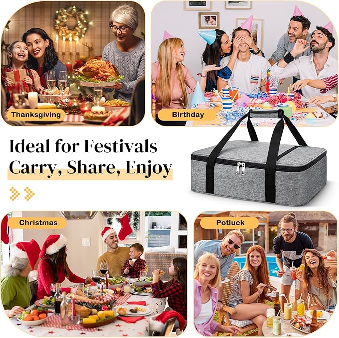 Coobiiya Insulated Casserole Carrier – Portable Tote for Hot or Cold Food, Warmer & Cooler Bag Lunch Bag, Fits 9" x 13" Baking Dish, Ideal for Potluck Parties – Grey