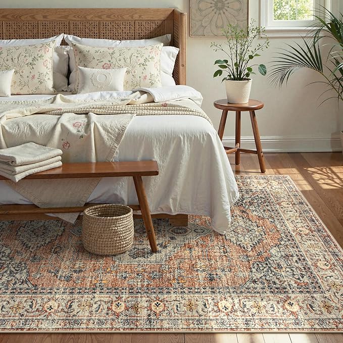 Lahome Oriental Washable Rugs 5x7, Soft 5x7 Rug for Bedroom Living Room, Ultra-Thin Non Slip Stain Resistant Vintage Throw Carpet for ‎Dining Room Office Eleanor, Peach/Orange