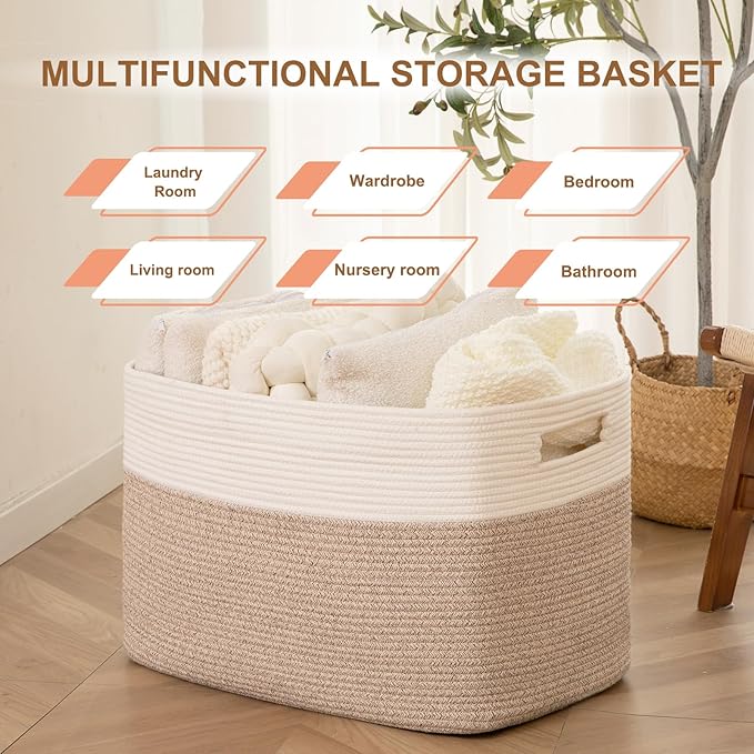 SIXDOVE Extra Large Blanket Basket, Toy Basket Bin for Kids, Cotton Rope Woven Storage Basket for Living Room, Nursery, Baby Room Decorative Organizer, 24''×16''×15'', Brown & White