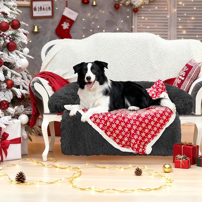GGIB Calming Dog Bed Christmas Throw Blanket Fluffy Plush Dog Mat Furniture Protector Decoration Holiday Throw for Sofa Couch Cover for Large Medium Small Dogs Cats (Large, Dark Grey)