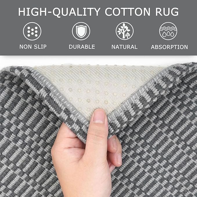 KOZYFLY Washable Runner Rug 2x8 Ft Runners for Hallways Non Slip Kitchen Runner Rugs Braided Cotton Entryway Runner Indoor, Carpet Runners for Hallway Entryway Bedroom, Grey/Charcoal Grey