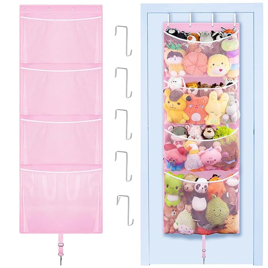 Hanging Stuffed Animal Storage, Over Door Large Plush Toy Organizer with Metal Hook, Baby Accessory Holder Idea for Nursery, Doll & Bear Mesh Hammock Bag for Girl Boy Kid Room