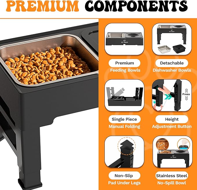 Dog Bowls Elevated Large Breed, Raised Dog Bowl Stand with 4 Adjustable Height, Stainless Steel Food Bowl & No-Spill Water Bowl for Small, Medium, Large Dogs