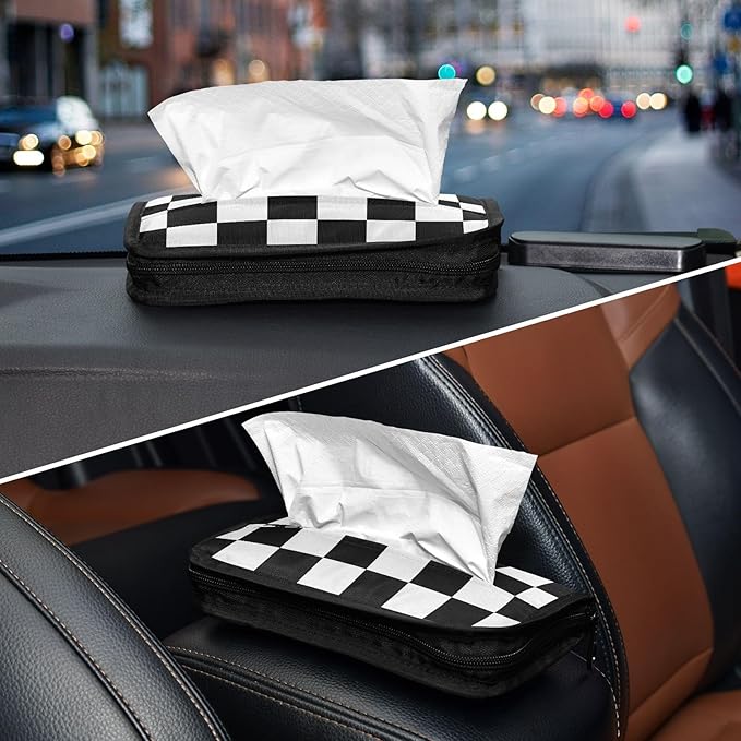 Car Tissue Holder Car Napkin Holder Car Tissue Box Dispenser Storage Case Sun Visor Mask Holder with Adjustable Straps Reusable Refillable Checkered Black and White