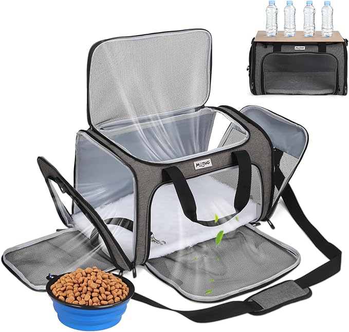 Pet Carrier for Cats & Small Dogs, Travel Carrier with Anti-Collapse Support, Chew Resistant Buckles, Luggage Sleeve, Multi-Pocket Storage, Reversible Mat & Bowl (Gray, Medium (17.5"x11"x11.5"))