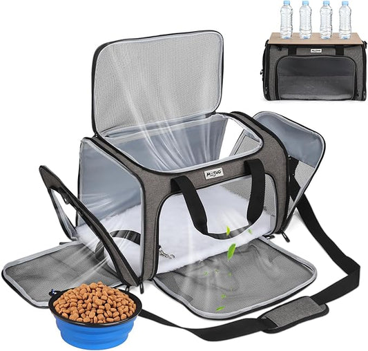 Pet Carrier for Cats & Small Dogs, Travel Carrier with Anti-Collapse Support, Chew Resistant Buckles, Luggage Sleeve, Multi-Pocket Storage, Reversible Mat & Bowl (Gray, Medium (17.5"x11"x11.5"))