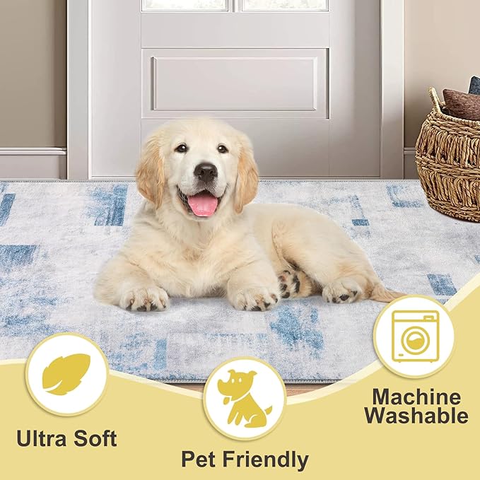 COMSLE Door Mat, Front Door Mat Indoor for Entrance Faux Wool Absorbent Non Slip Modern Throw Rug for Entryway Hallway Muddy Paws - Pet Friendly, 24x36 Inches,Square Blue Machine Washable