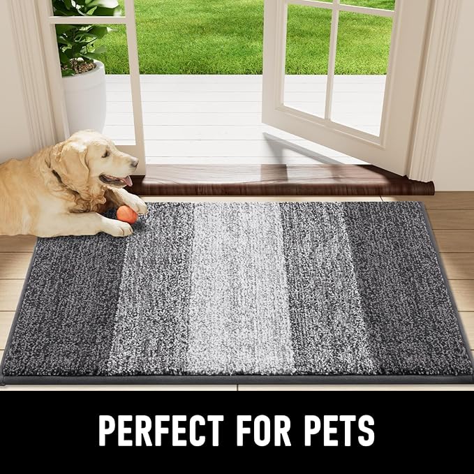 Smiry Dog Door Mat for Muddy Paws, Absorbs Moisture and Dirt, Low-Profile Entryway Mat with Non-Slip Backing, Entry Indoor Outdoor Doormat for Inside Floor (47x24 Inches, Grey, Striped)