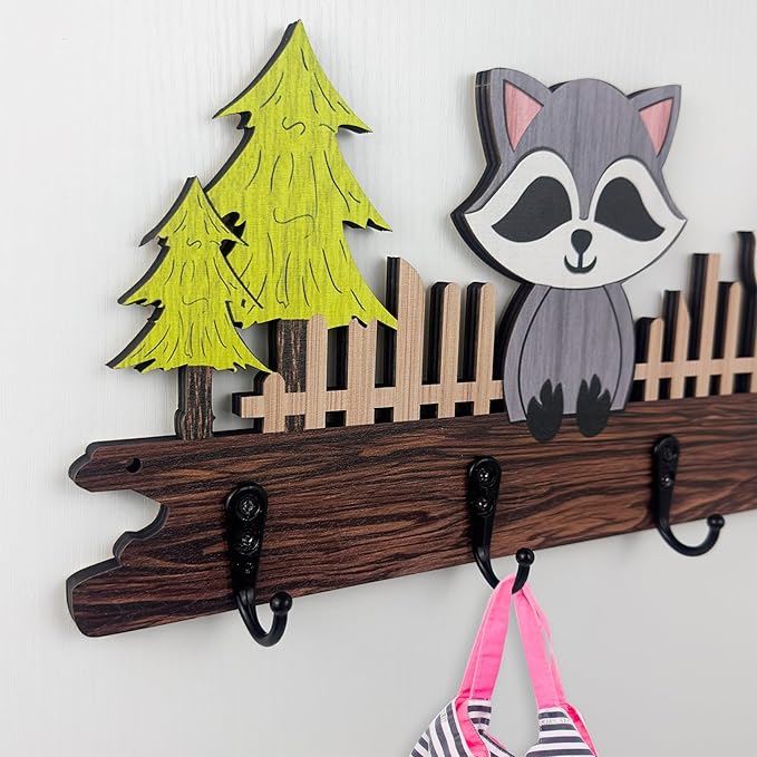 Midrean Dog Leash Holder for Wall Mount, Farmhouse Wooden Dog Claw Hooks, Paws Key Rack Accessories for Rustic Home Decor (Raccoon)