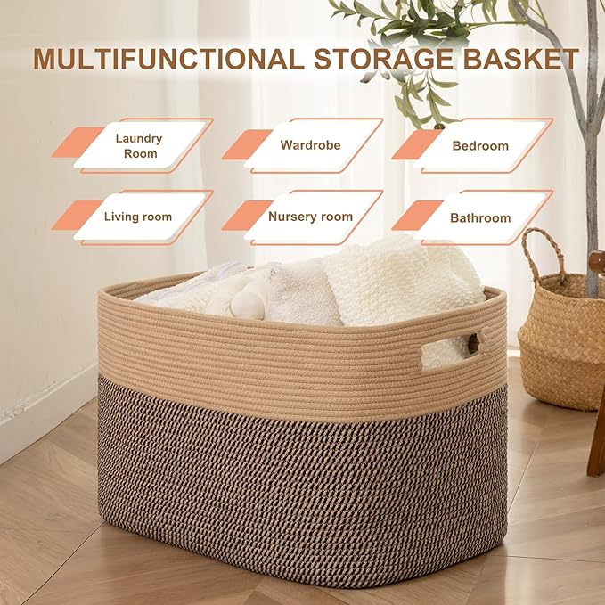 SIXDOVE Extra Large Blanket Basket, Toy Basket Bin for Kids, Cotton Rope Woven Storage Basket for Living Room, Nursery, Baby Room Decorative Organizer, 24''×16''×15'', Brown & Black