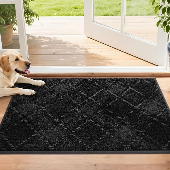 COSY HOMEER Plaid Door Mat 20" x 32",Dirt Trapper Entryway Rugs,Non-Slip Washable Farmhouse Doormat,Low Profile Welcome Mats for Paws Black