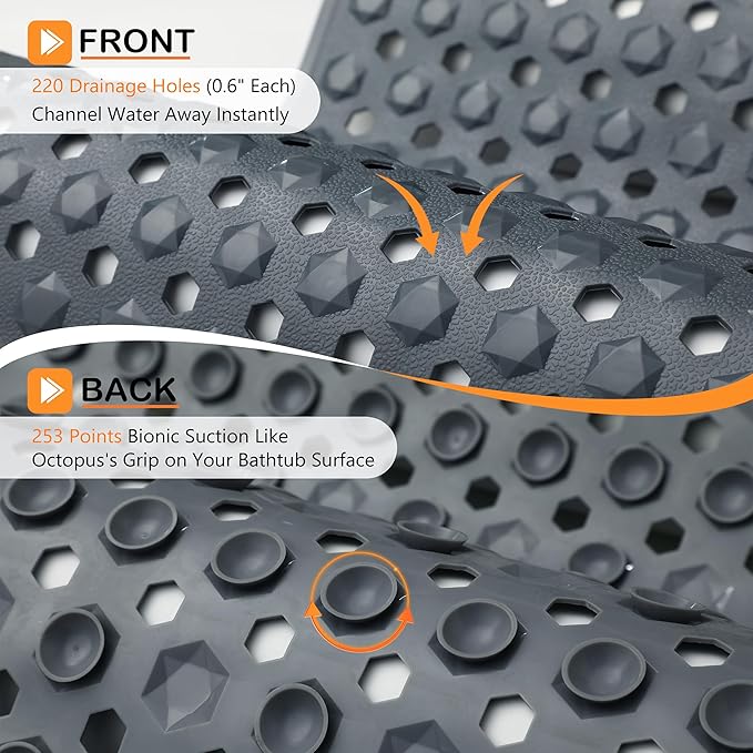 Yimobra Bath Tub Mat Non Slip, 34.5"x15.5" Long Shower Mat, Machine Washable Bathmat with Drain Holes and Suction Cups, Soft on Feet, Bathroom Essentials, Dark Grey