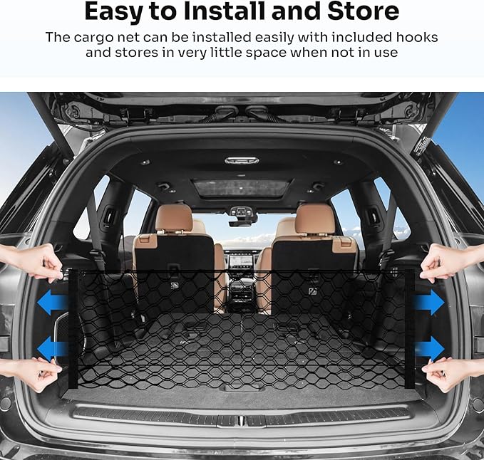 Trunk Cargo Net for 2021-2026 Jeep Grand Cherokee L (7 Seats) Accessories Envelope Style Mesh Trunk Net Organizer and Storage Stretchable Adjustable Elastic Nylon Rear Cargo Netting with Hooks