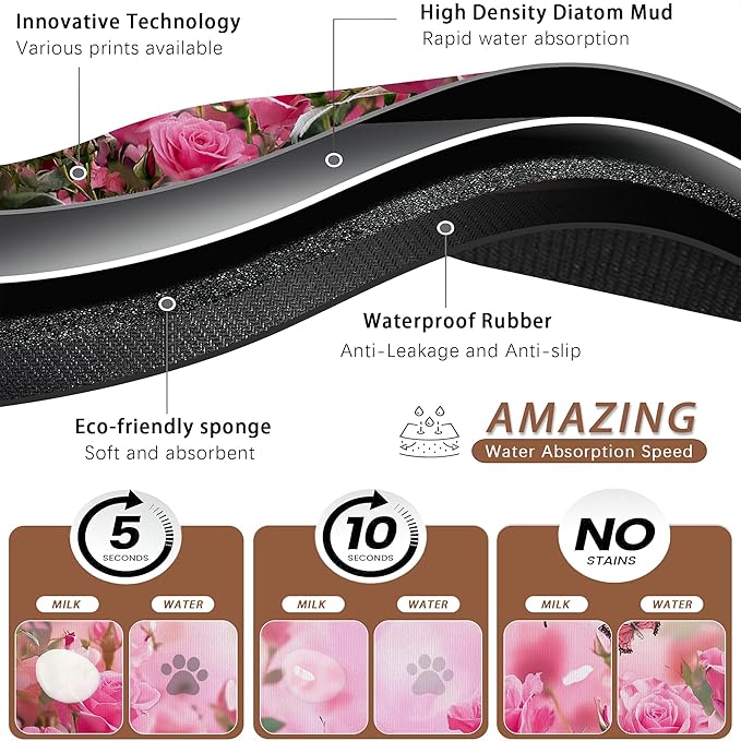 Rose Pink Dog Cat Food Mat,Butterfly Absorbent Pet Feeding Mat for Food and Water,Non-Slip Dog Bowl Mats Floor Protector 16"x24"