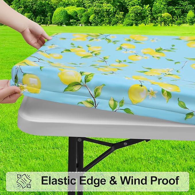 misaya Rectangle Vinyl Tablecloth, Fitted Table Cover, 100% Waterproof, Elastic Edge, Flannel Backing, Plastic Table Cloth Fit Folding Tables for Picnic, Camping, Outdoor (Lemon, 36x96 inch)