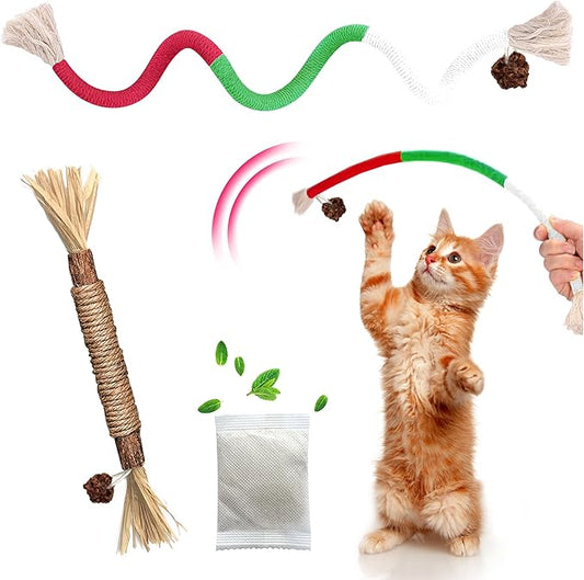 GBSYU Cat Toys Chew Rope & Silvervine Sticks for Bored Indoor Adult Cats, 2Pcs Interactive Catnip Toys for Cats with Refillable Natural Catnip Bag for Teeth Cleaning