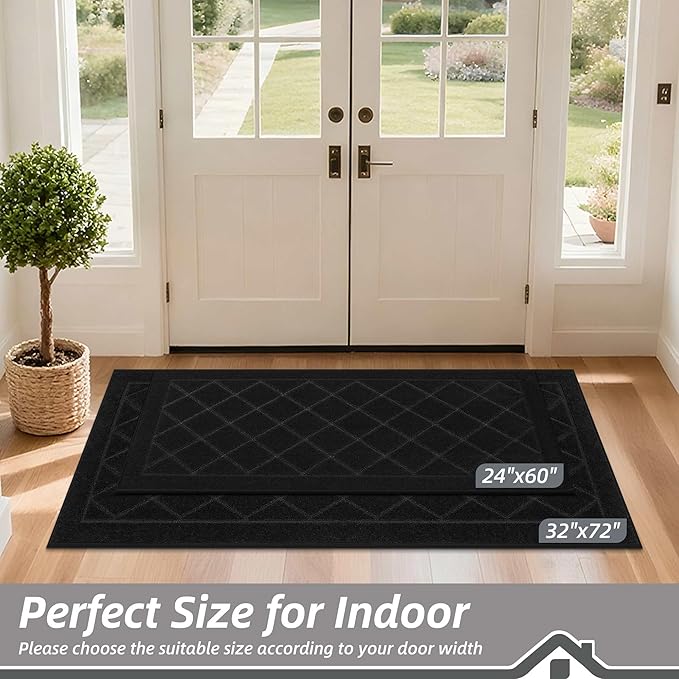 BEQHAUSE Dirt Trapper Door Mat 32" x 72", Doormat Non-Slip Entryway Rugs Washable, Dog Door Mat Stain Resistant and Absorbent Welcome Floor Mat for Front Back Door, Mud Wet Shoes & Paws, Black