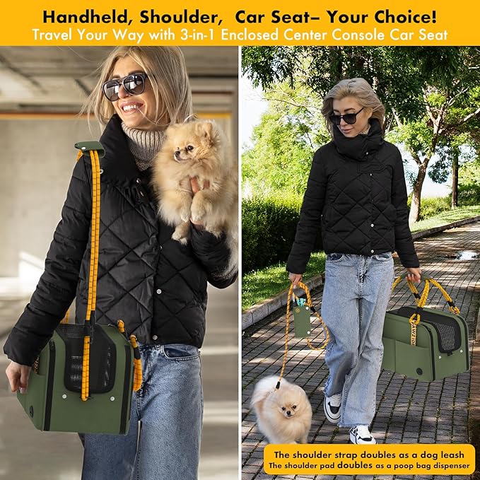 PAWZIDEA Center Console Dog Car Seat, Enclosed Small Dog Armrest Booster Carseat, Secure Straps &Anti Slip, Portable TSA Approved Puppy Pet Carrier Soft-Sided, Removable Pillow Storage Pocket, up 12lb