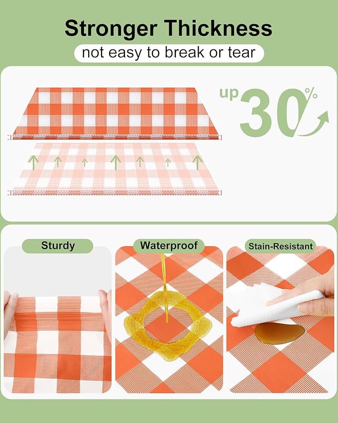 Smiry 8 Packs Gingham Disposable Table Cloth, 54 x 108 Inch Waterproof Plastic Tablecloth, Rectangle Orange and White Checkered Table Covers for Picnic, Birthday, Party