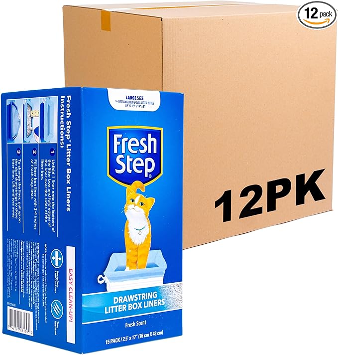 Fresh Step Drawstring Cat Litter Box Liners, Scented Heavy Duty Kitty Litter Bags for Large Oval or Rectangle Pans, Helps Contain Odor and Mess, Easy Lift Out Cleanup, 30 x 17 in, 15 Count - 12 Pack