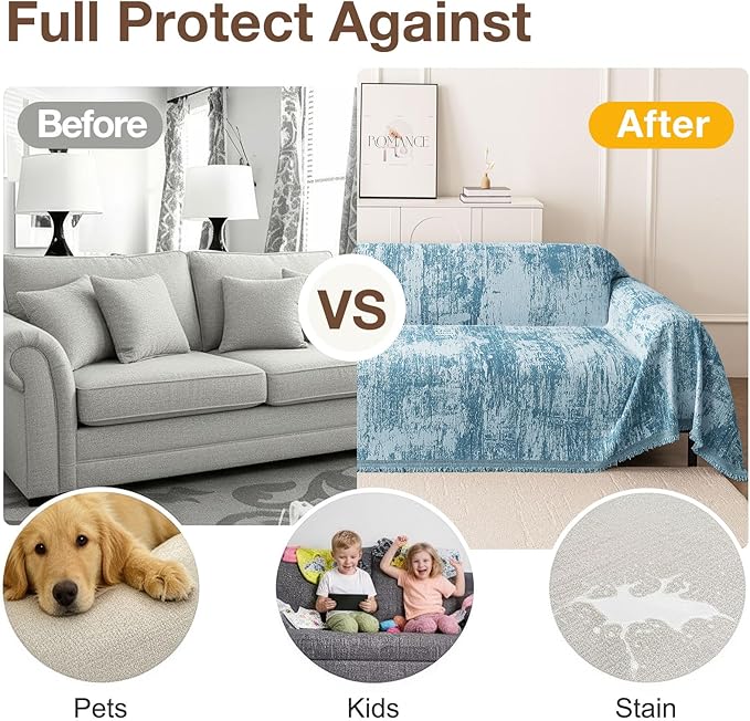 hyha Couch Cover for Dogs, Boho Sofa Covers for 3 Cushion Couch Washable, Chenille Sofa Slipcover for Pets, Soft Loveseat Sectional Couch Throw Blankets with Tassels (Blue/White, 88.5x134 Inch)