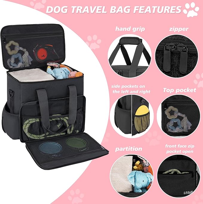 Dog Travel Bag, Large Pet Travel Set with Multi-Function Pockets, 2 Food Storage Containers, 2 Collapsible Bowls, 1 Feeding Mat for Pet Supplies, Road Trip Essentials, Weekend Camping (Black)