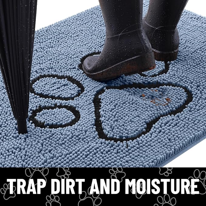 Smiry Dog Door Mat for Muddy Paws, Absorbent Dirt Trapper Non Slip Quick Dry Washable Chenille Mat for Mud Dogs, Entry Rug for Indoor and Outdoor (70x24 Inches, Airy Blue and Black)