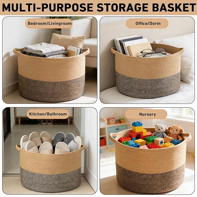 90L Large Blanket Basket,21.7"L x 21.7"W x 13.8"H Rope Woven Baskets with Handles, Toys Storage Bins,Laundry Basket Perfect for Living Room, Nursery,Bedroom,Home Organization,Jute&Black