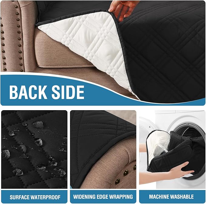 H.VERSAILTEX 100% Waterproof Sofa Covers for 3 Cushion Couch Modern Couch Cover for Dogs Washable Thick Soft Furniture Protector with Elastic Straps (Sofa, Black/Beige)