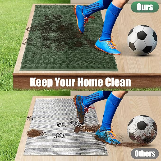 IM HOME Chenille Absorbent Outdoor Doormat 71" x 25", Washable Muddy Door Mats for Dog Non Slip Heavy Indoor Doormat Soft Front Inside Doormats for Entryway, Mud Dog Paws, Patio Olive