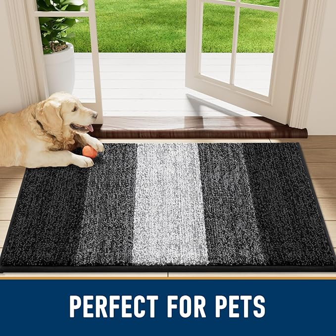 Smiry Dog Door Mat for Muddy Paws, Absorbs Moisture and Dirt, Low-Profile Entryway Mat with Non-Slip Backing, Entry Indoor Outdoor Doormat for Inside Floor (70x24 Inches, Black, Striped)