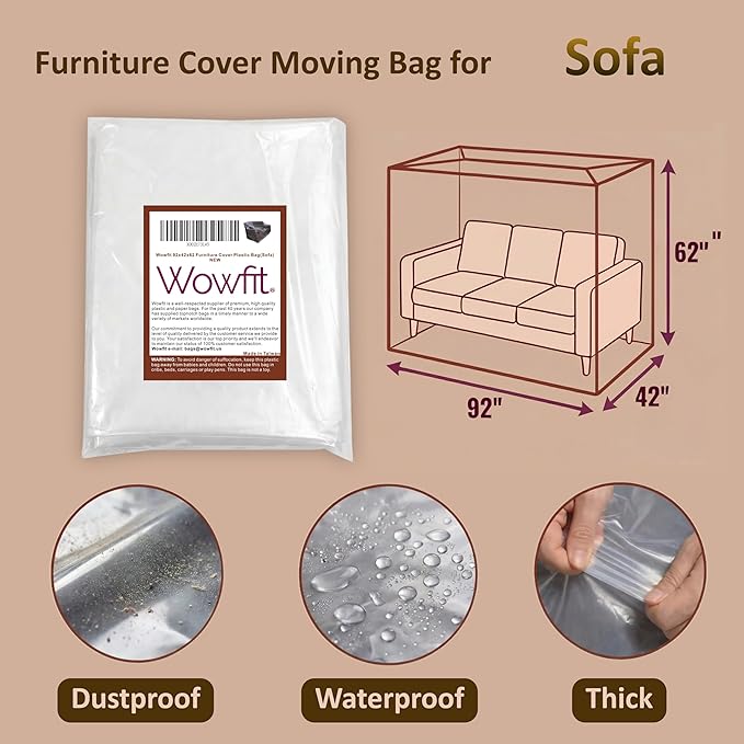 Wowfit Furniture Cover Dust-Proof Moving Bag for Sofa & Boxes – Clear, Odorless Plastic – 4mil Thick – 92W x 42D x 62/41H Inches