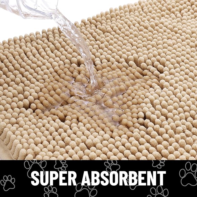 Smiry Dog Door Mat for Muddy Paws, Absorbent Dirt Trapper Non Slip Quick Dry Washable Chenille Mat for Mud Dogs, Entry Rug for Indoor and Outdoor (47x32 Inches, Beige and White)