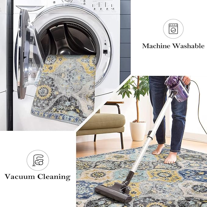 Lahome Moroccan Washable Hallway Runner Rug, 2'5''x8' Ultra-Thin Carpet Runners for Hallways Kitchen, Oriental Non-Slip Laundry Room Rug for Entryway Bedroom Bathroom Elise, Yellow/Aqua