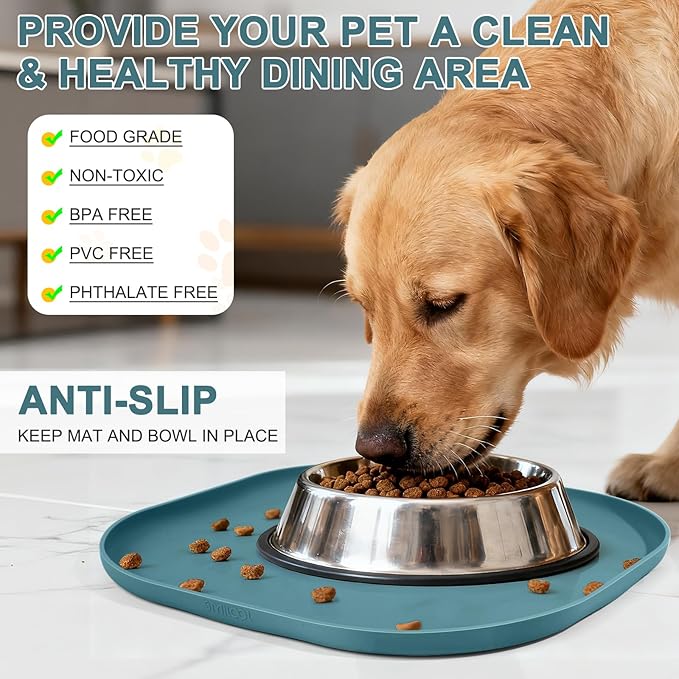 Small Silicone Pet Food Mat with Raised Edge for Food and Water Bowl, Square Dog Feeding Mats, Cat Food Trays for Floor Waterproof, Rubber Tray for Dogs and Cats, 12 x 12 x 0.7 Slate Blue