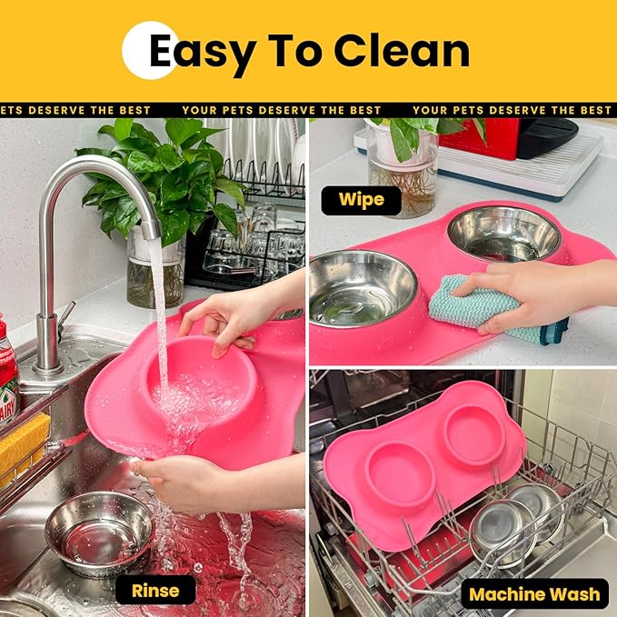 Dog Bowls with Silicone Feeding Mat,No Spill Food Water Dish Set,Dishwasher Safe,2 Stainless Steel Puppy Bowls with Dogs Bandanas,Suitable for Tiny Pets Under 8lbs,Extra Small,Pink