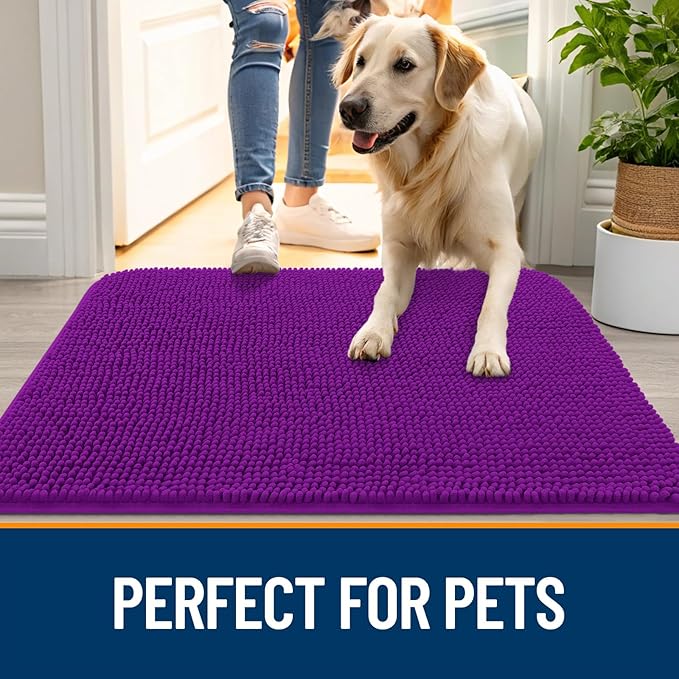 OLANLY Dog Door Mat for Muddy Paws 40x24, Absorbs Moisture and Dirt, Absorbent Non-Slip Washable Doormat, Quick Dry Chenille Mud Mat for Dogs, Entry Indoor Entryway Carpet for Inside Floor, Purple