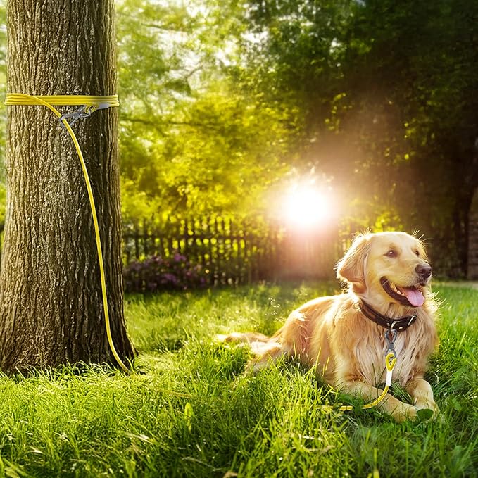 Tresbro 20FT Reflective Tie Out Cable for Dogs Up to 250 Pounds, Steel Wire Lead Leash Cable with Stainless Rotatable Buckle, Lightweight and Enduring, Dog Chains Outside for Outdoor, Yard, Yellow
