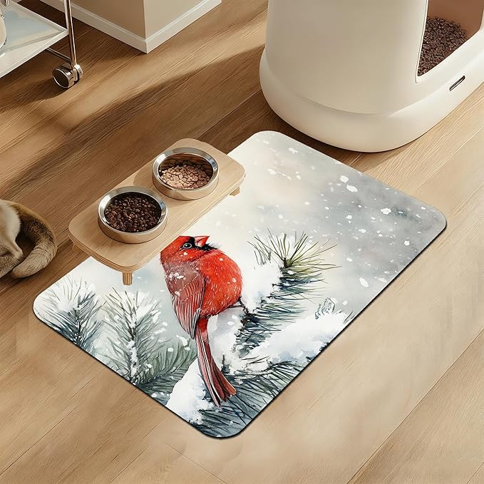 Cardinal Bird Dog Food Mat–Chirstmas Snow Absorbent Quick Dry Feeding Placemat for Food and Water Bowls, Non Slip Rubber Backing, Waterproof Pet Supplies for Mess-Free Eating 12"x20"