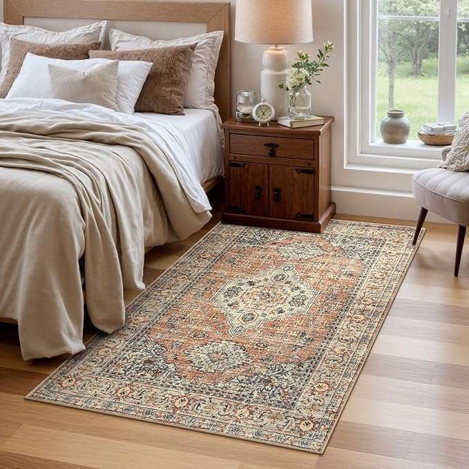 Lahome Oriental Washable Rug, 3x5 Rugs for Bedroom Living Room Entryway, Vintage Ultra-Thin Non-Slip Soft Throw Carpet for Kitchen Office Entrance Eleanor, Peach/Orange