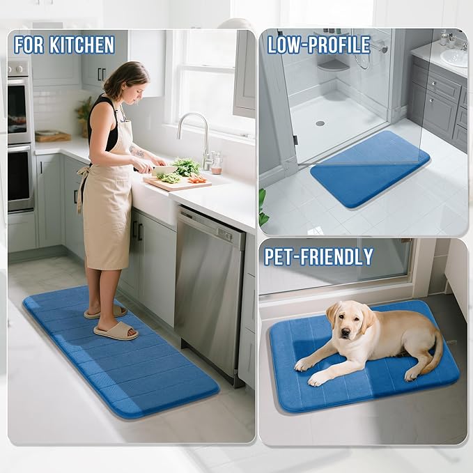 Yimobra Memory Foam Bath Mat, Super Soft Absorbent Bathroom Rug Non Slip 31.5x20 Inch, Quick Dry, Machine Washable Floor Carpet for Tub Shower, Home Decor Accessories, Blue